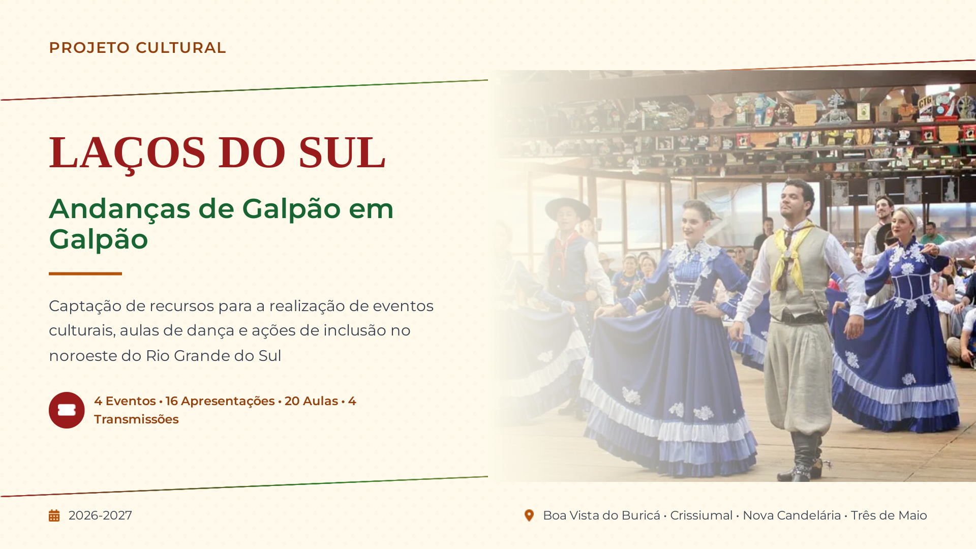 Página 1 - Capa da apresentação do Projeto Cultural LAÇOS DO SUL - Andanças de Galpão em Galpão